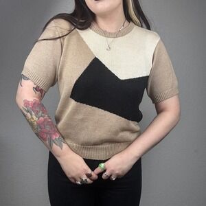 Vintage Color Block Short Sleeve Knit Sweater Top Beige Black Cream